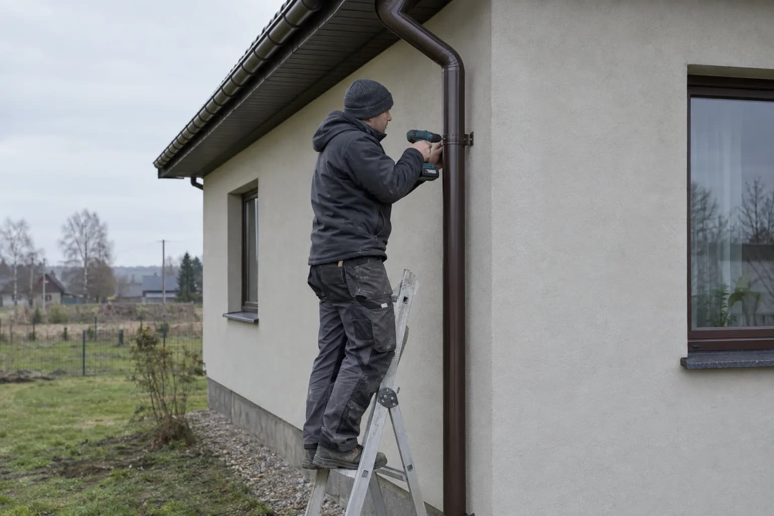 Montuotojas gręžtuvu tvirtina rudą lietvamzdį prie šviesaus namo sienos