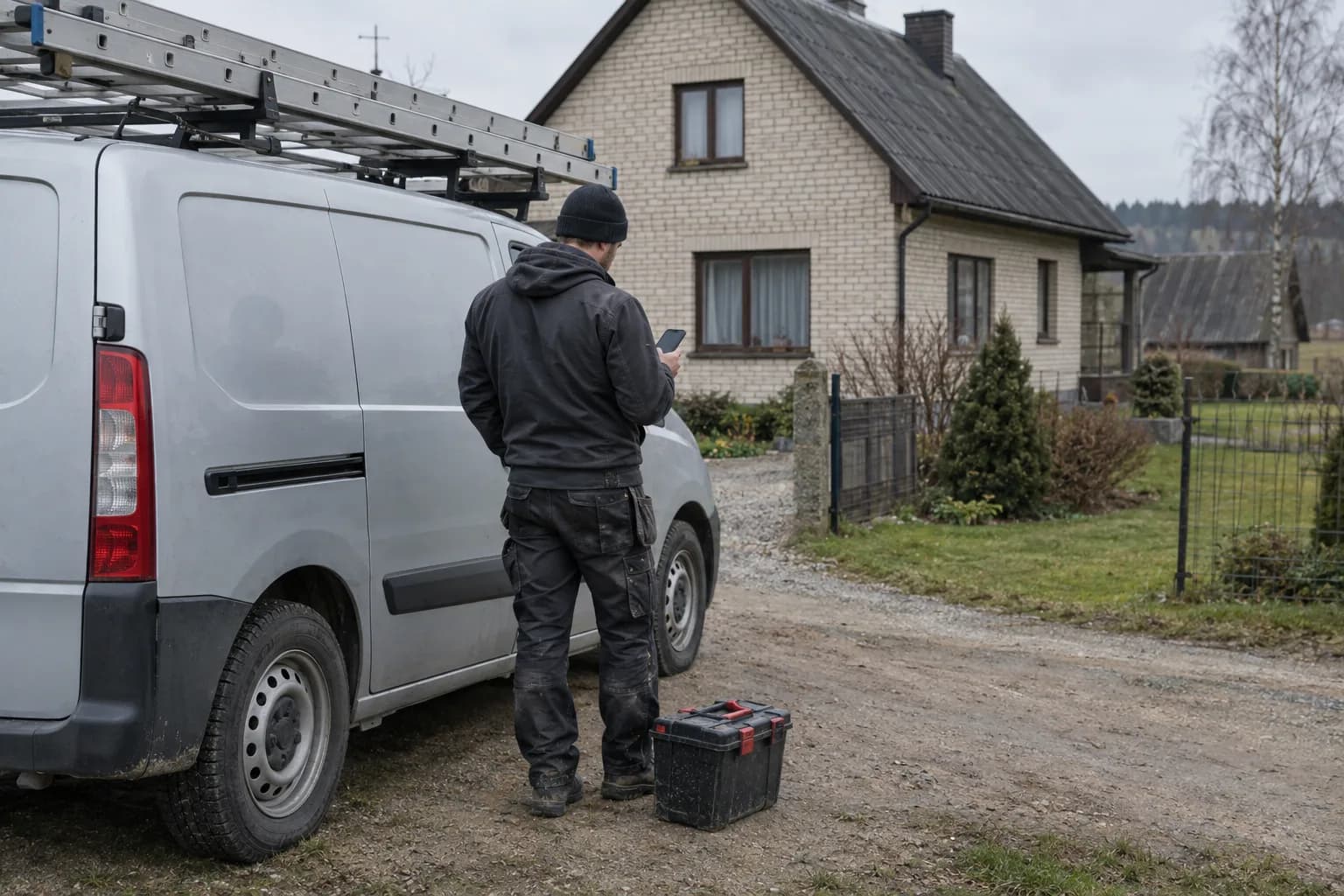 Stogdengys iš nugaros stovi prie furgono su kopėčiomis ant stogo ir žiūri į telefoną, už jo matosi mūrinis namas su šlaitiniu stogu
