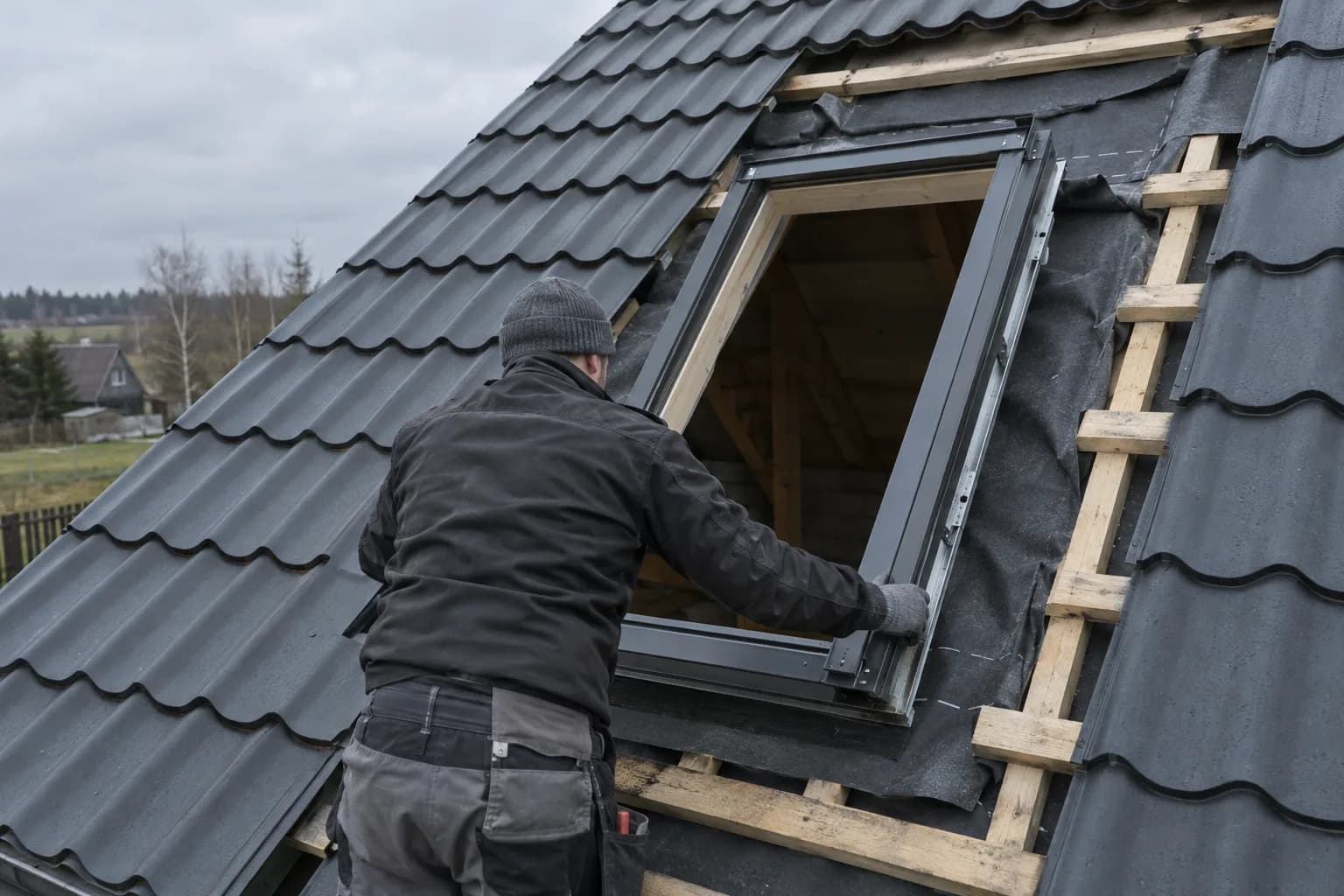 Darbininkas stogo šlaite įstato stoglangio rėmą į paruoštą angą tarp grebėstų ir plėvelės