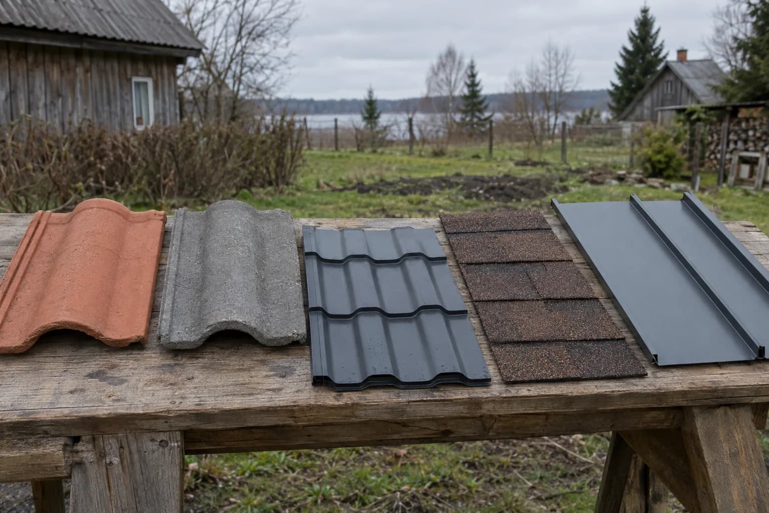 Ant stalo iš eilės sudėti dangų pavyzdžiai: raudona keraminė čerpė, pilka betoninė čerpė, mėlynai pilka metalo čerpė, ruda bituminė čerpelė ir falcinė skarda