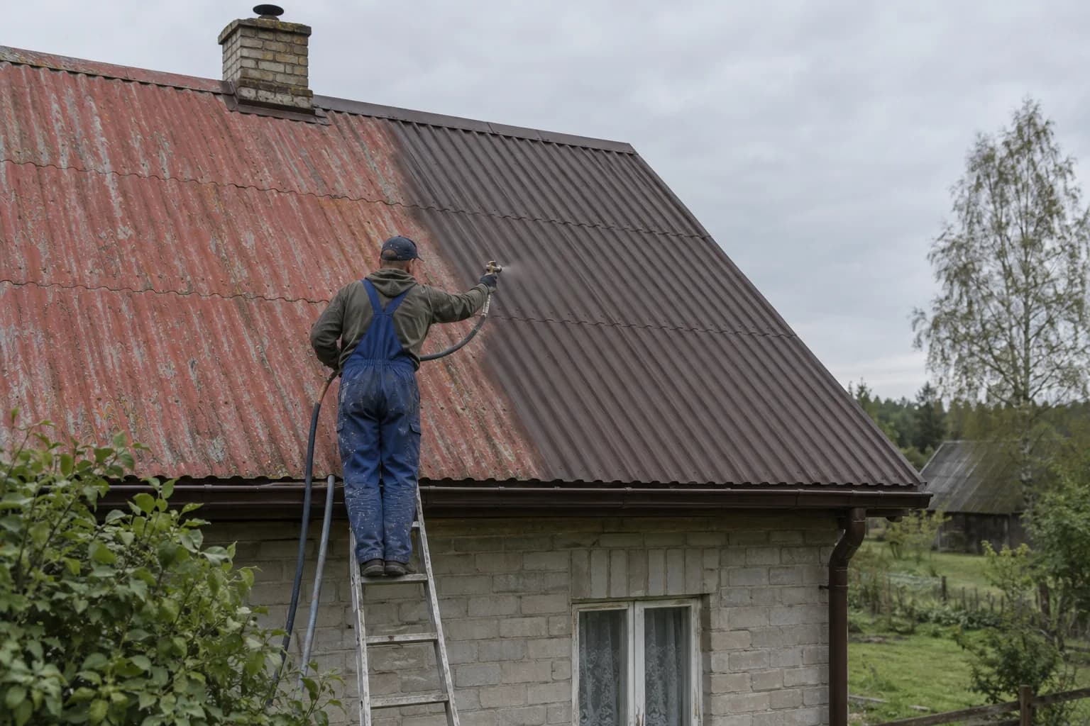 Dažytojas stovi ant kopėčių ir purškia dažus ant raudono banguoto stogo, dalis stogo jau nudažyta ruda spalva