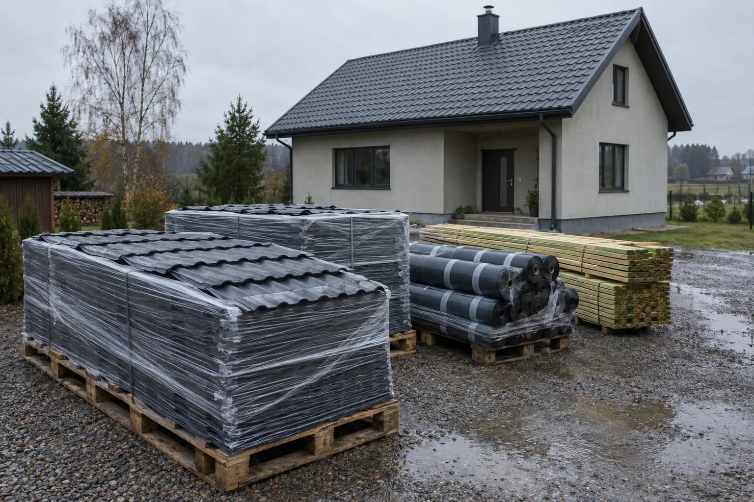 Ant padėklų sukrautos plieninių čerpių paketos, bituminės dangos ritiniai ir grebėstai priešais namą su tamsiu stogu