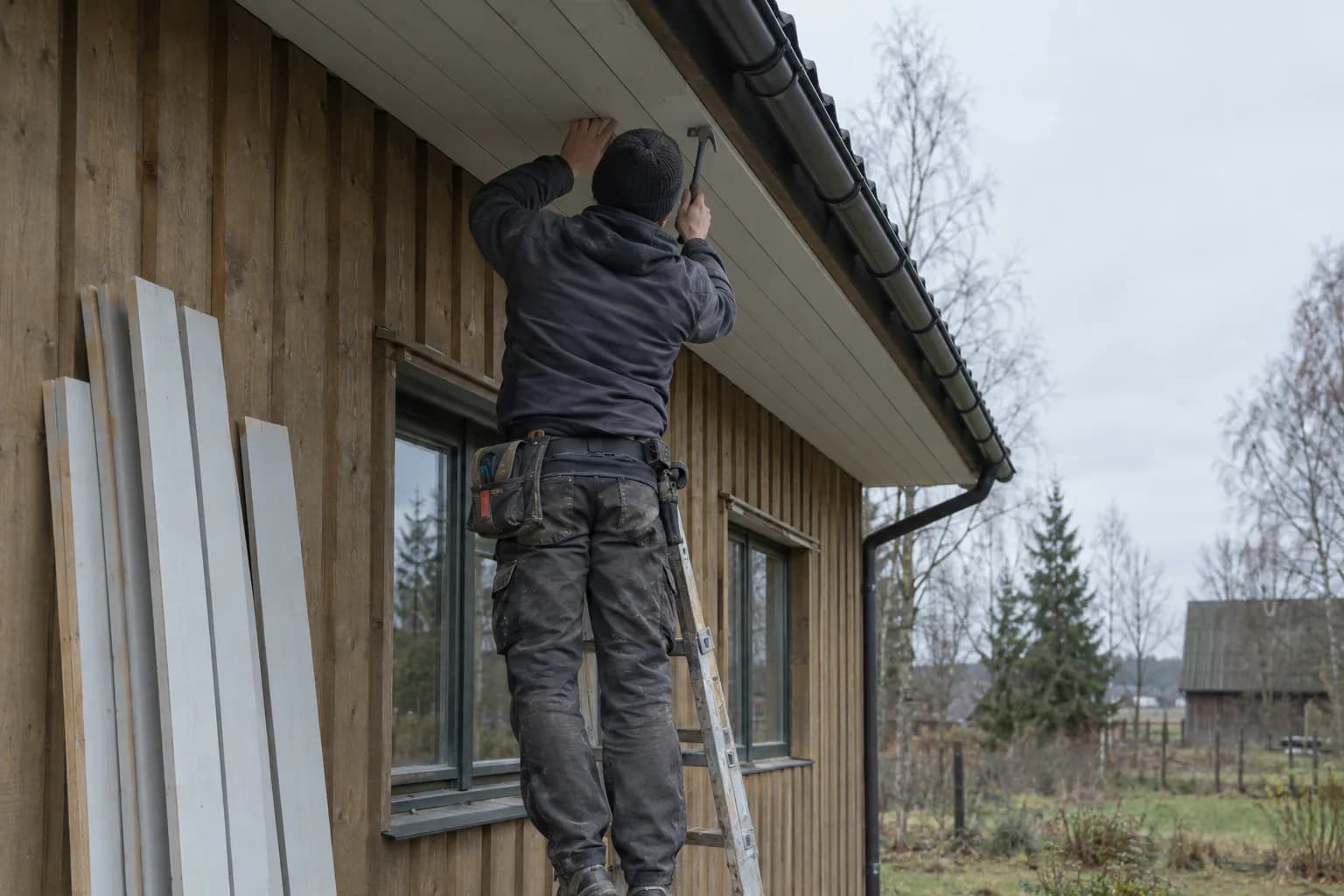Stogdengys, stovintis ant kopėčių, kala baltą lentelę po pastoge medinio namo šone, šalia atremtos kitos lentelės